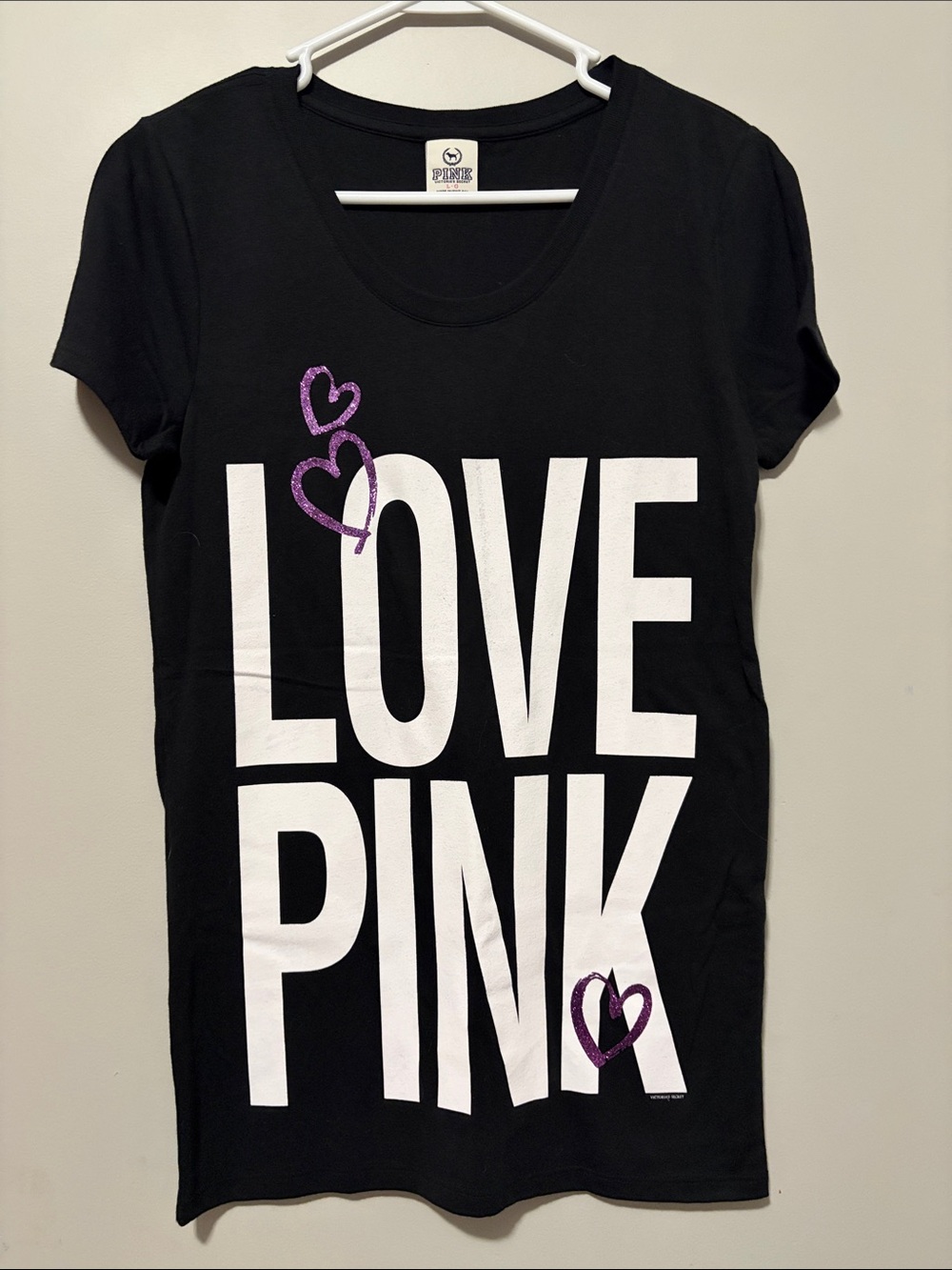 PINK Victoria's Secret Black Tee with Purple Glitter Accents